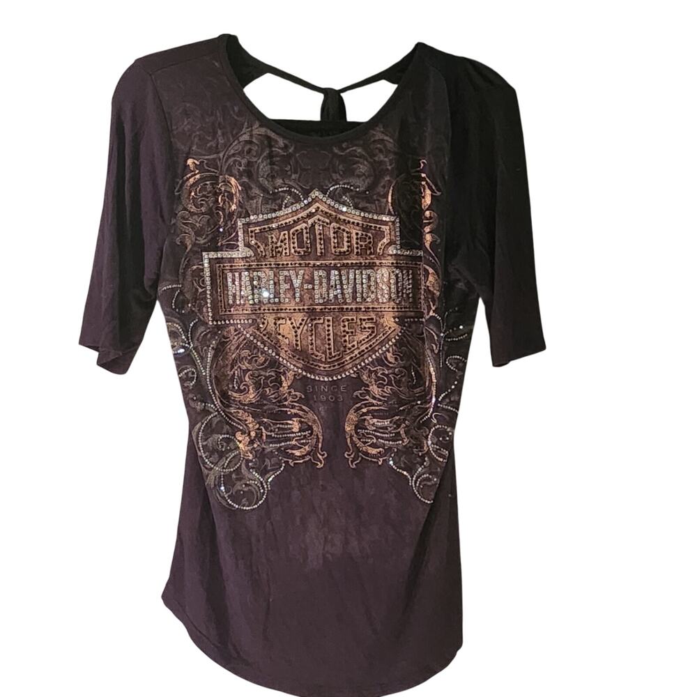 Harley Davidson Womens Sz Medium Bedazzled Short Sleeve Shirt Tie Back Sexy Fit